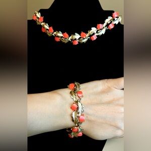 Vintage Thermoset Coral Color Moon Glow Choker Necklace and Bracelet set